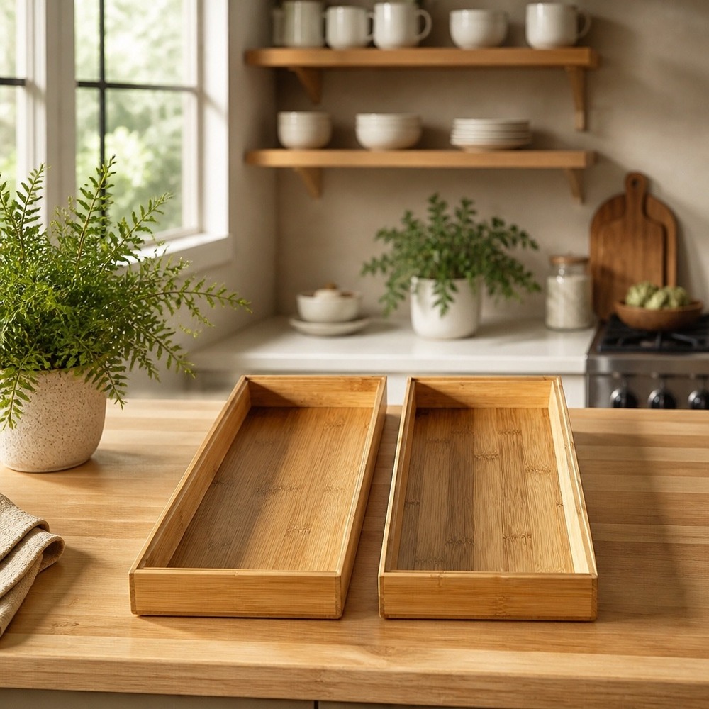 Bamboo Rectangular Serving Trays Set of 2 Stackable Natural Wood Organizers 6x15
